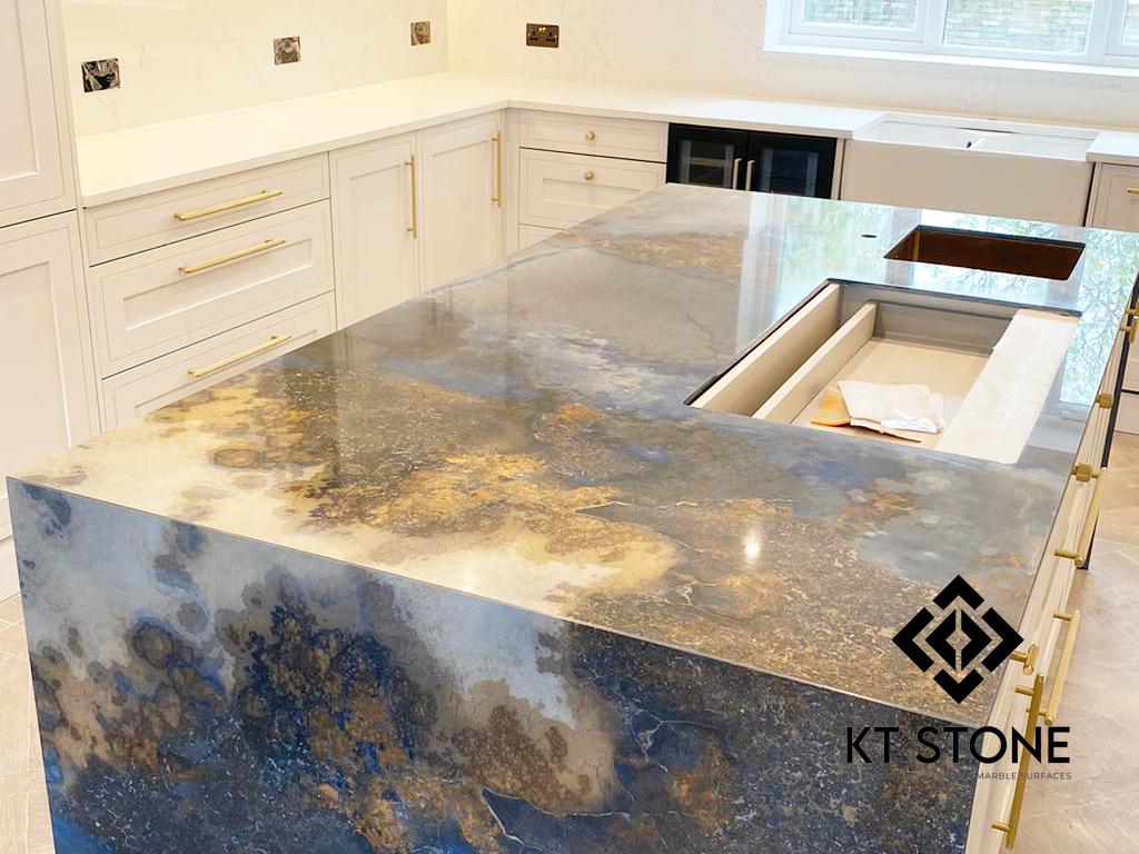 KT Stone kitchen worktop detail — blue and gold marble island