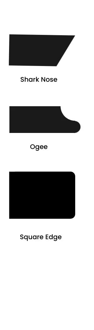 Shark Nose, Ogee and Square Edge worktop profile diagrams