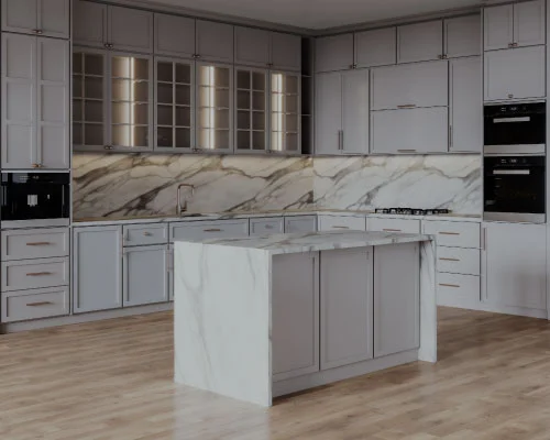Kitchen with a white veined stone island and matching splashback.