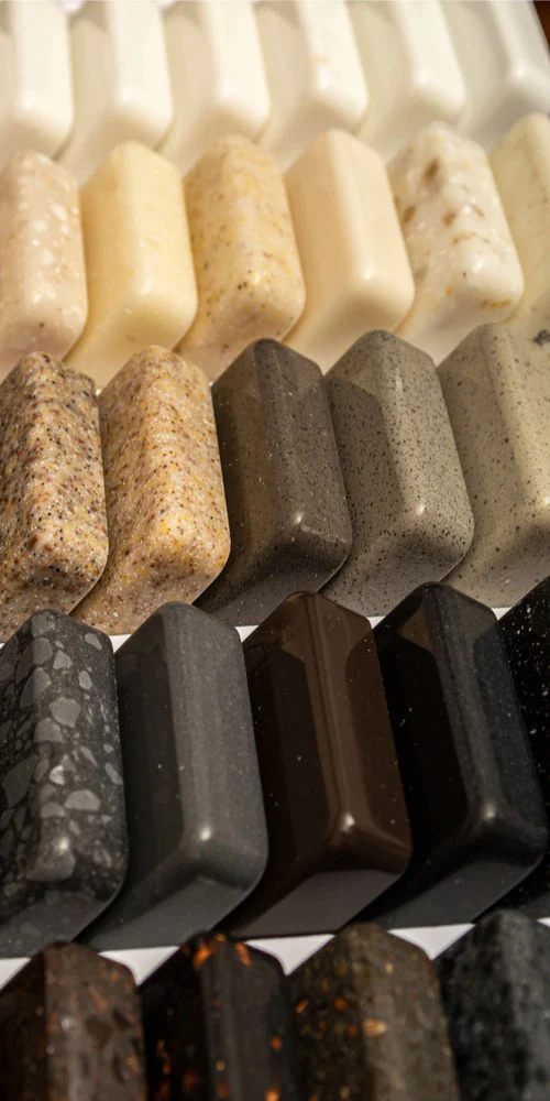 Granite worktop samples in a range of colours.
