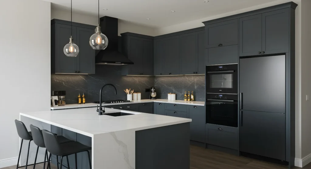Dark kitchen with a white quartz island worktop