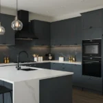 Dark kitchen with a white quartz island worktop