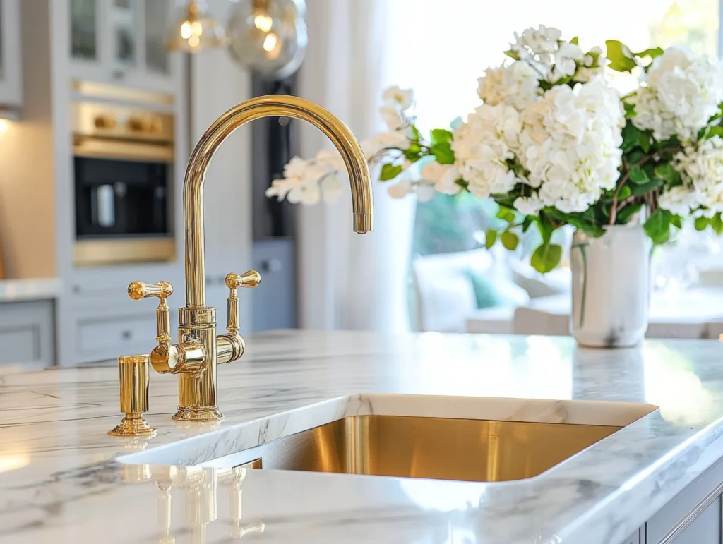 Gold tap and sink set into a light quartz kitchen worktop