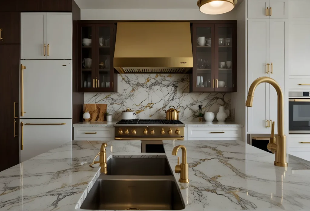 Luxury kitchen with veined marble worktops and gold details