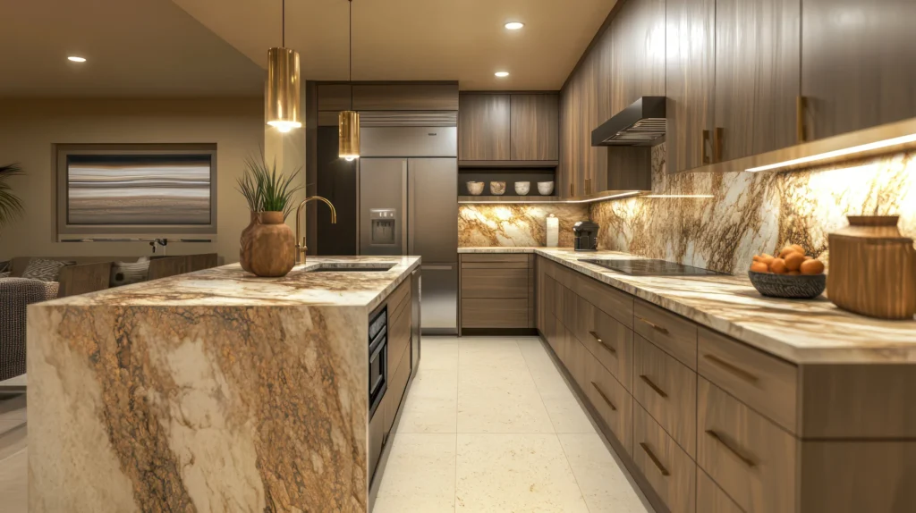 Contemporary kitchen with statement marble worktops and full-height splashback