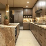 Contemporary kitchen with statement marble worktops and full-height splashback